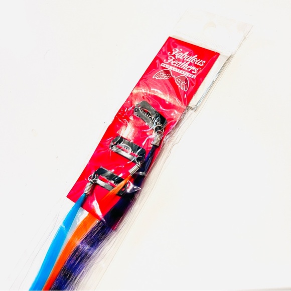 NWT Blue, Orange & Purple Coon Tail Feather Clip in Colored Hair Extension - Picture 4 of 5